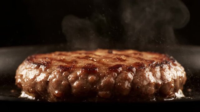 Seared beef patty sizzling on a hot griddle, glistening juices and steam rising, richly browned char