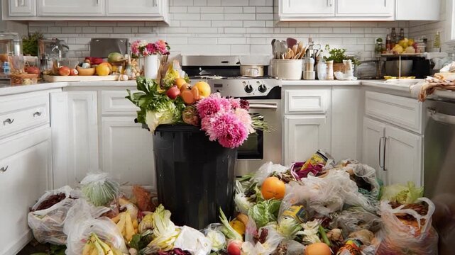 Overflow of Freshness: A kitchen counter is completely filled with vegetables and fruits