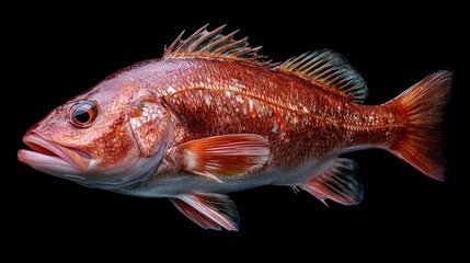 Fototapeta premium A fish with bright scales and fins swims through dark water. Its features are clear and vibrant showing the natural colors of the fish in the underwater environment.