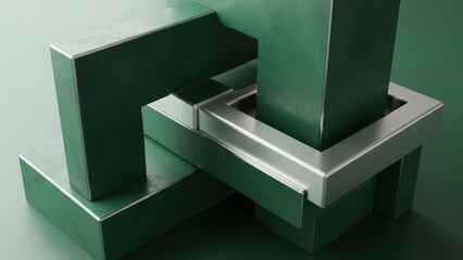 Abstract Geometric Sculpture with Metallic Sheen and Deep Green Hues.