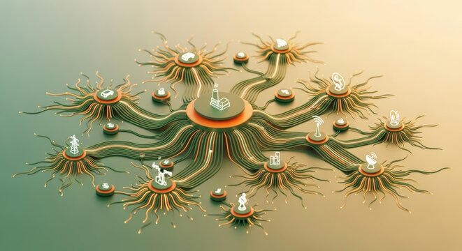 Abstract Futuristic Network Structure with Glowing Orbs and Tentacles.