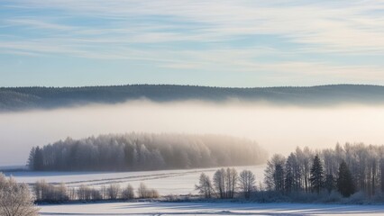 Foggy Winter Landscape with Trees and Lake.
