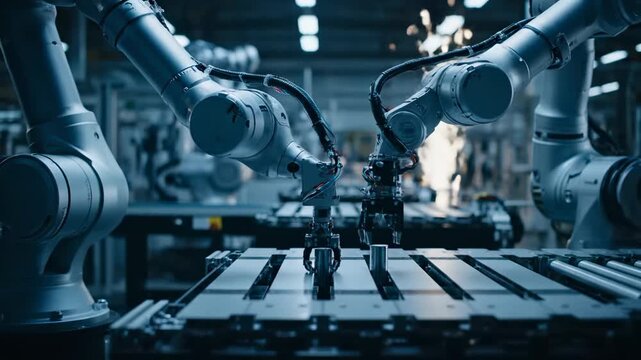 Industrial robotic arms meticulously assemble precision parts on dimly lit automated production line