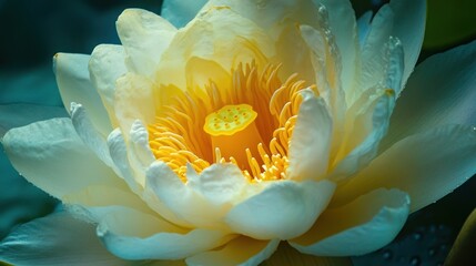 White Lotus Flower with Yellow Center, Close-up Floral Bloom