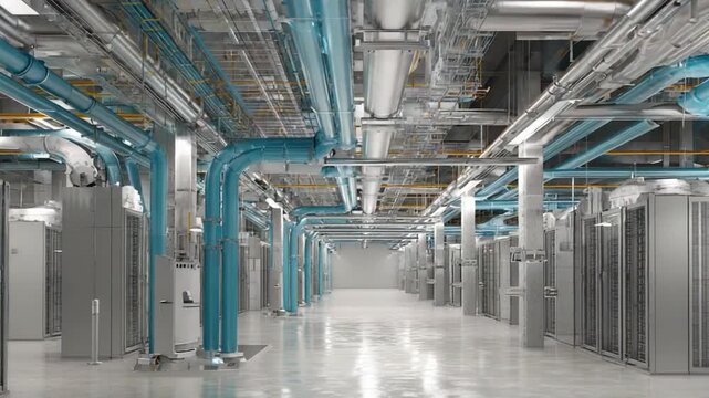 Data Center Infrastructure: An intricate network of cooling pipes weaves through a modern data center, showcasing the robust infrastructure that powers today's digital world.