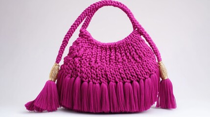 Bright Magenta Woven Bag with Tassels on White Background