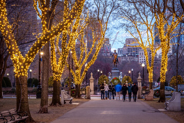 View of Boston in Massachusetts, USA at night with famous Christmas Lights at Commonwealth Avenue at night.