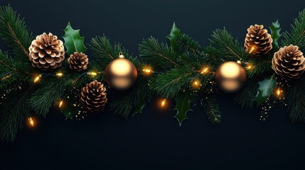 Festive Green Pine Branch with Golden Ornaments and String Lights on Dark Background