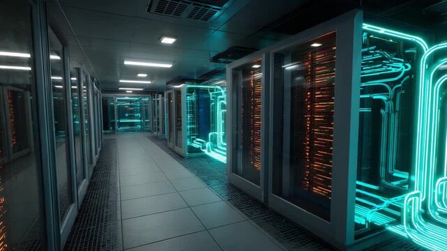 Data Center: A futuristic data center corridor, with rows of advanced servers gleaming with neon lights, suggesting the invisible backbone of the modern digital world.