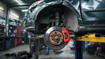Damaged car in a garage