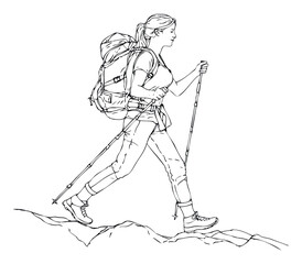 Fototapeta premium Energetic woman hiking and trekking with a large backpack and poles, perfect for outdoor adventure and travel promotions