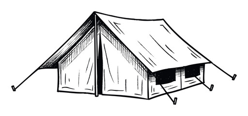 A rustic hand drawn camping tent with classic A frame structure for outdoor adventure travel and wilderness exploration and educational projects