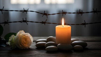 Candle with a white rose and barbed wires