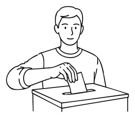 Asian man engaging in the democratic process by casting his vote into a ballot box, ideal for civic education materials, political campaign promotions, and election awareness publications