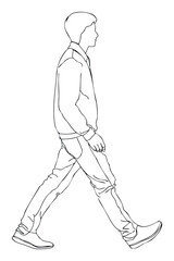 Fototapeta premium Line drawing of a young person in profile view walking forward, ideal for graphic projects, educational materials, or contemporary design concepts.