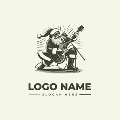 Naklejka premium A black and white illustration of Santa Claus playing a guitar with a dynamic line effect, set against a clean background with a logo and slogan text.