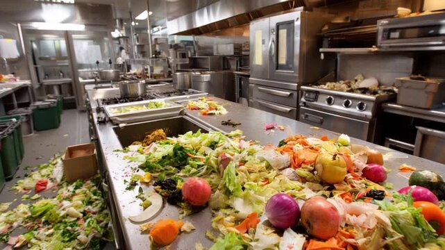 Culinary Overlook: A candid depiction of a bustling industrial kitchen with food waste scattered across the counter.