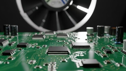 Close-up of a Computer Motherboard with Integrated Circuits and Cooling Fan.