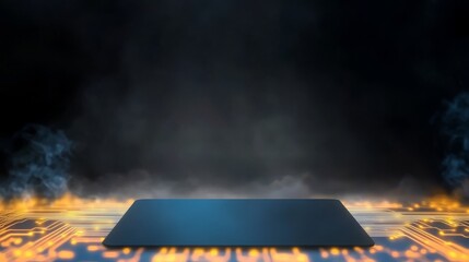 Sleek laptop displaying intricate glowing electronic circuitry design on its high resolution screen.