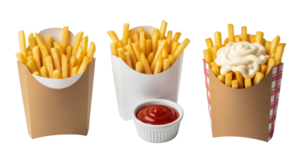 Golden-brown crispy french fries in brown kraft boxes (one plaid) and a white carton, with bright red ketchup and creamy mayonnaise on a transparent background. Concept for fast-food advertising