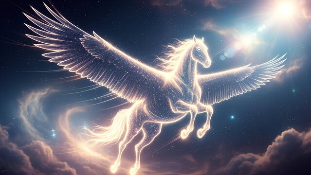 Glowing Buraq Flying Horse Mythical Creature in Sky