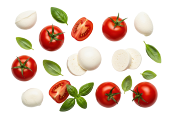 Fresh italian mozzarella balls, vibrant red plum tomatoes, green basil leaves on a transparent background with copy space, soft studio light, flat lay, concept of healthy italian culinary