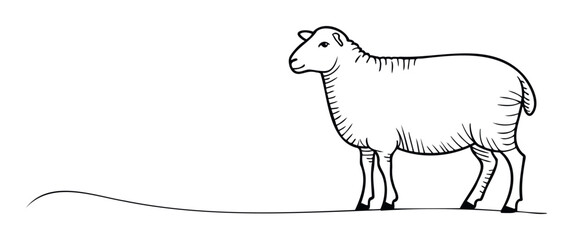 A simple black and white outline drawing of a woolly sheep standing on a subtle ground line, perfect for agricultural industry branding, animal education materials, or farm themed