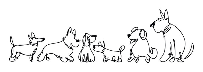 An endearing and stylized linear depiction of happy canines in a row, suitable for pet product packaging, veterinary office decor, or dog walking service marketing materials.