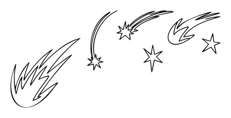 Dynamic black outlined stars and shooting star trails suitable for various graphic projects, celestial themed advertisements, or magical event promotions