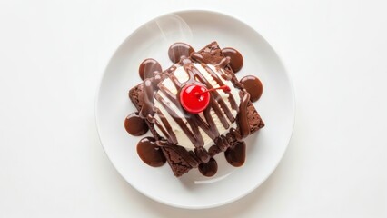 Overhead Shot of Warm Brownie Sundae with Hot Fudge and Cherry on White Plate, Minimalist Negative Space