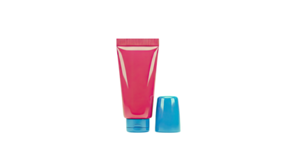 Pink cosmetic tube with blue cap on white background