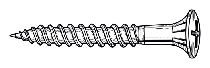 A black and white graphic depicting a single selftapping flathead screw, ideal for technical diagrams, instructional materials, and various DIY or building applications.