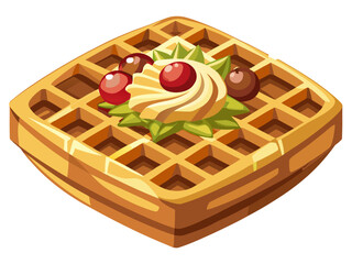 luxury realistic flat illustration of Belgian waffle, crisp grid texture with soft highlights, powdered sugar and fruit accents, elegant flat shading preserving realism, premium dessert artwork