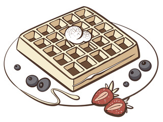luxury realistic flat illustration of Belgian waffle, crisp grid texture with soft highlights, powdered sugar and fruit accents, elegant flat shading preserving realism, premium dessert artwork