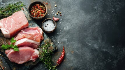 Fresh pork cuts are arranged on a dark surface with herbs spices and salt. This setup is ready for meal preparation in a home kitchen.