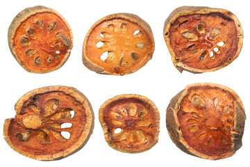 Set of dried bael fruit slices isolated on a transparent background. 