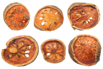 Set of dried bael fruit slices isolated on a transparent background. 