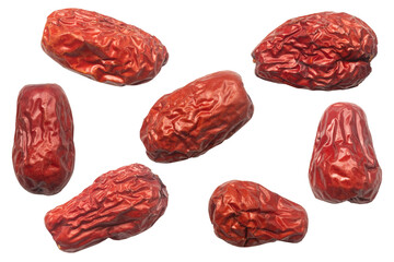 Set of dried chinese jujube fruit (red dates) isolated on a transparent background. 