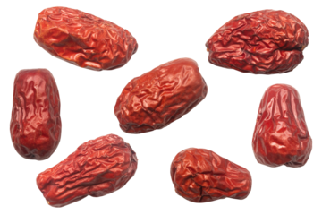 Set of dried chinese jujube fruit (red dates) isolated on a transparent background. 