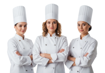 Three young adult Caucasian women in crisp white chef's jackets and toques, arms crossed, look confidently at camera on transparent studio background, concept of culinary professionals