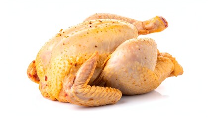 Raw whole chicken, seasoned with spices, posed against a white background