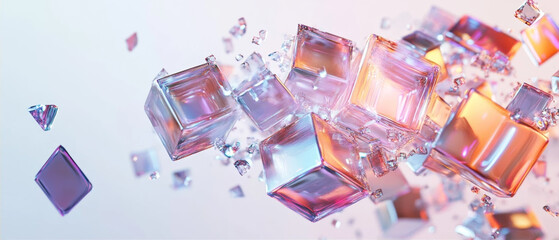 Abstract floating glass cubes with colorful holographic dispersion effect background
