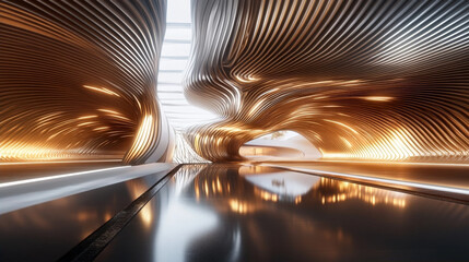 Futuristic modern architecture interior with white organic curves and golden ribbed walls