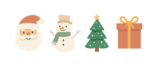 Fototapeta premium Set of colourful flat Christmas icons on white background. Santa, snowman, Christmas tree, gift. For Christmas holiday celebration concepts. Vector illustration.