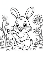 Fototapeta premium Coloring Book Page for Children: Playful Cartoon Rabbit with Carrot and Flowers in a Blooming Field - Whimsical Hand-Drawn Art for Easter Fun