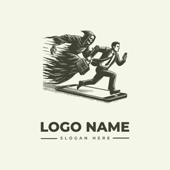 Fototapeta premium A grayscale illustration of a grim reaper chasing a businessman on a smartphone with a dynamic composition and ominous mood against a clean white background.