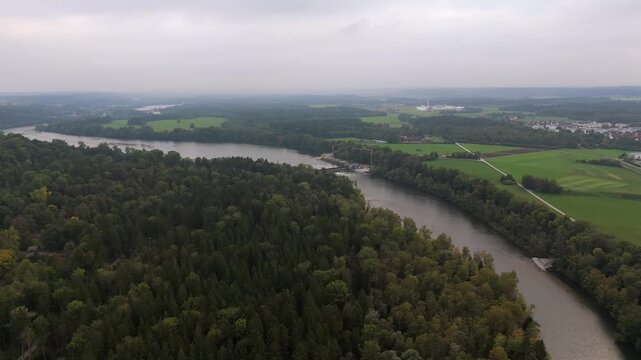 Aerial landscape of Lechstaustufe 15, Landsberg. Renovation, river engineering, and fish ladders for migratory species. Autumn colors and drone perspective. Drohnenperspektive zeigt Renovierung