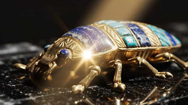 Close-up of ancient Egyptian golden scarab beetle artifact with lapis lazuli and turquoise on dark marble for historical treasure concept and luxury