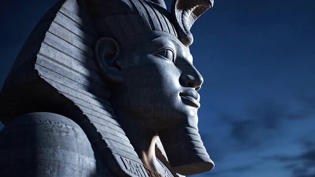 Ancient egyptian pharaoh statue carved in stone, featuring a majestic profile against a dramatic dark blue sky for power and legacy concept