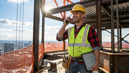 Smiling construction worker communicating on walkie-talkie while holding a tablet on a high-rise building site, embodying project management concept and urban development under bright sun